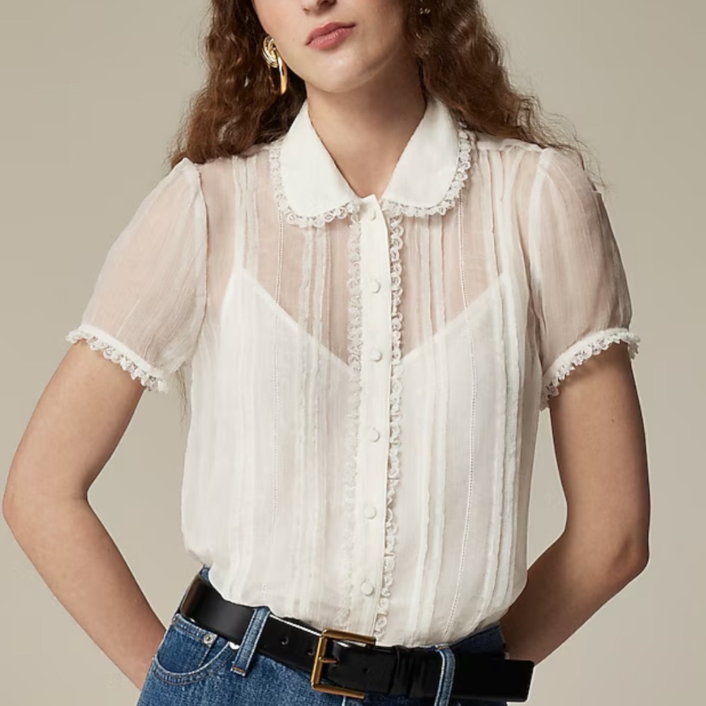 NWT J. Crew Sheer lace-trim button-up shirt Size 6 Ivory White